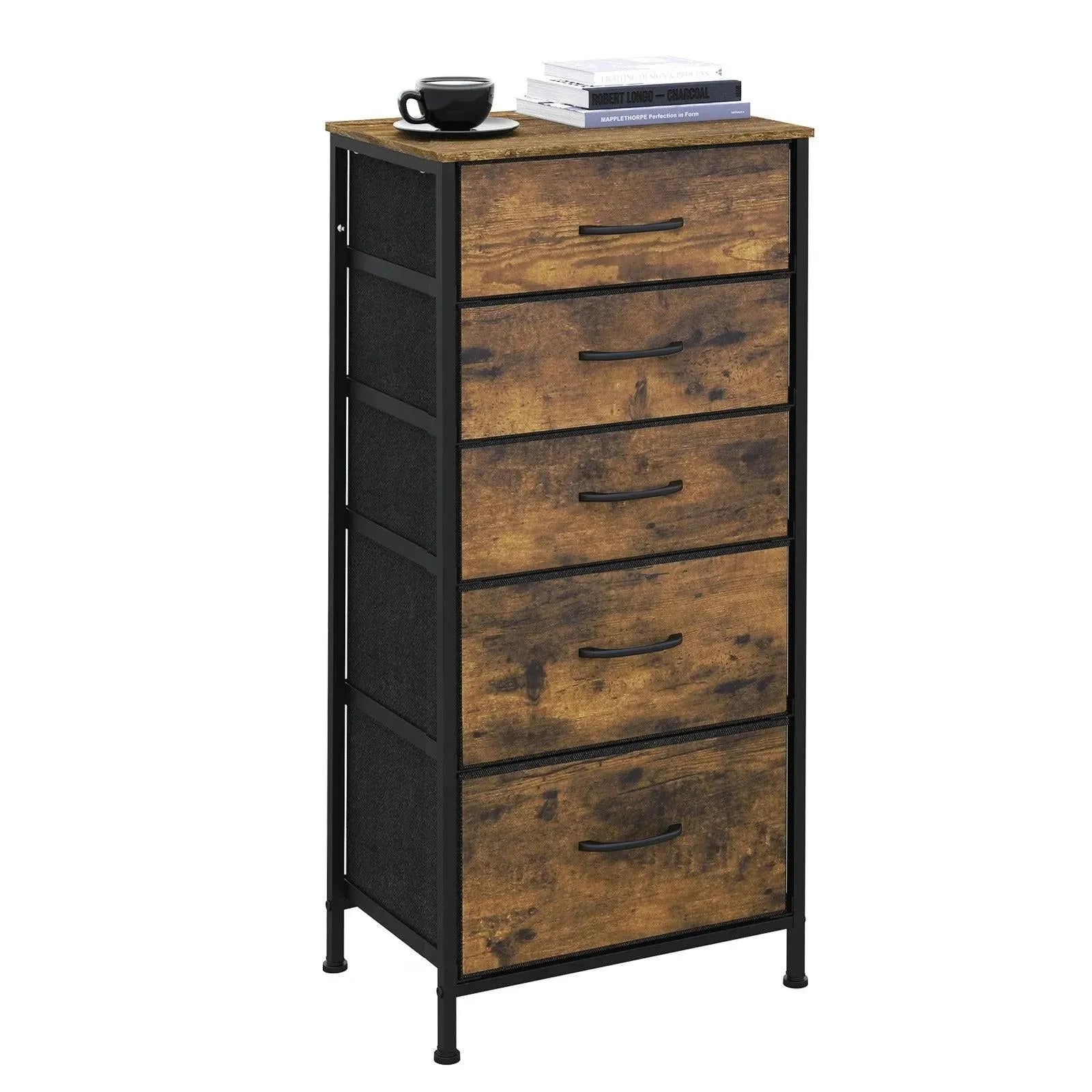 Feronza™ Woonkamer Kast – Rustiek Bruine Opbergunit met 5 Stoffen Lades, Chiffonier en Kledingkast - Feronza